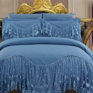 Cuvertură matlasată cu volănașe și broderie, 3 piese, 220×280 cm, albastru denim