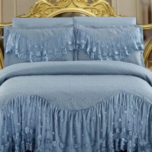 Cuvertură matlasată cu volănașe și broderie, 3 piese, 220×280 cm, bleu