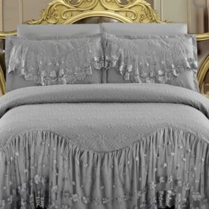 Cuvertură matlasată cu volănașe și broderie, 3 piese, 220×280 cm, gri