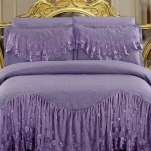 Cuvertură matlasată cu volănașe și broderie, 3 piese, 220×280 cm, mov lavandă