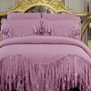 Cuvertură matlasată cu volănașe și broderie, 3 piese, 220×280 cm, roz lila