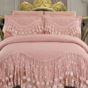 Cuvertură matlasată cu volănașe și broderie, 3 piese, 220×280 cm, roz pudră