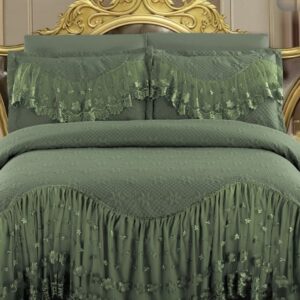 Cuvertură matlasată cu volănașe și broderie, 3 piese, 220×280 cm, verde oliv