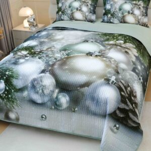 Cuvertură de pat de Crăciun cu imprimeu 3D, 220×240 cm, globuri argintii