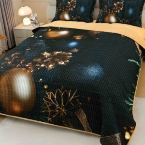 Cuvertură de pat de Crăciun cu imprimeu 3D, 220×240 cm, globuri aurii pe negru