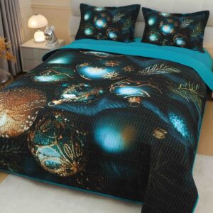 Cuvertură de pat de Crăciun cu imprimeu 3D, 220×240 cm, globuri turcoaz