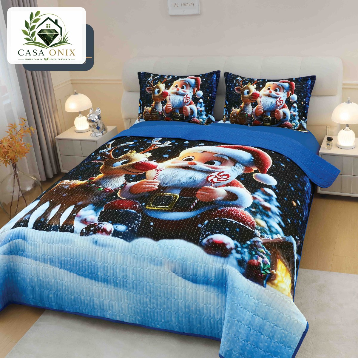Cuvertură de pat de Crăciun cu imprimeu 3D, 220×240 cm, Moș Crăciun cu ren Cuvertură de pat de Crăciun cu imprimeu 3D, 220×240 cm, Moș Crăciun cu ren