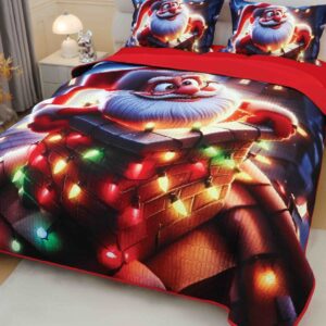 Cuvertură de pat de Crăciun cu imprimeu 3D, 220×240 cm, Moș Crăciun cu luminițe
