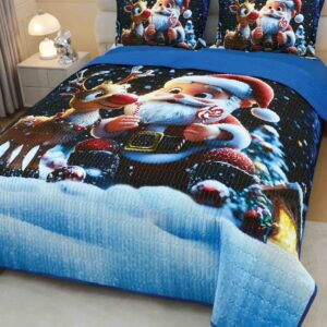 Cuvertură de pat de Crăciun cu imprimeu 3D, 220×240 cm, Moș Crăciun cu ren