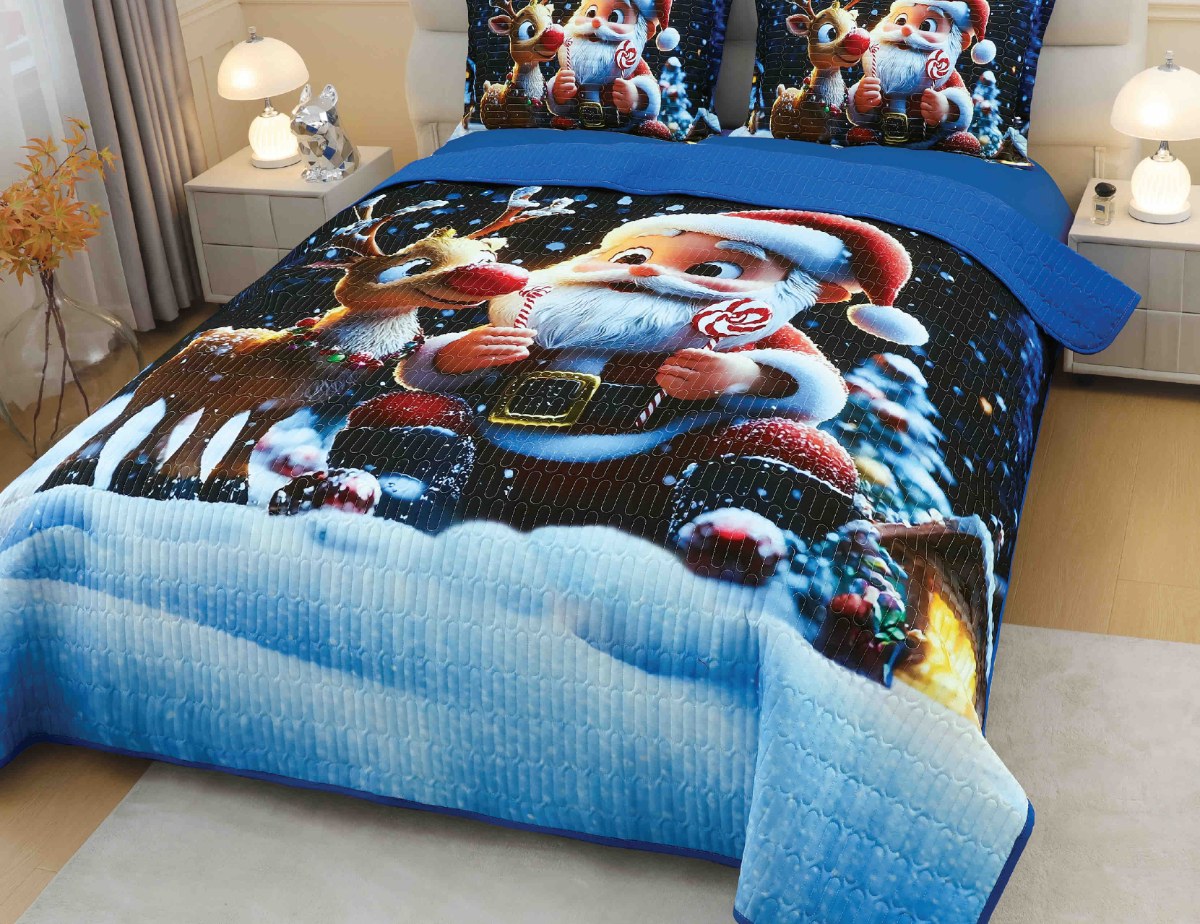 Cuvertură de pat de Crăciun cu imprimeu 3D, 220×240 cm, Moș Crăciun cu ren Cuvertură de pat de Crăciun cu imprimeu 3D, 220×240 cm, Moș Crăciun cu ren
