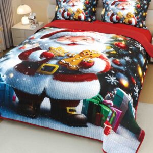 Cuvertură de pat de Crăciun cu imprimeu 3D, 220×240 cm, Moș Crăciun cu turtă dulce
