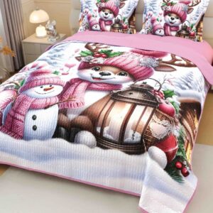 Cuvertură de pat de Crăciun cu imprimeu 3D, 220×240 cm, oameni de zăpadă, roz
