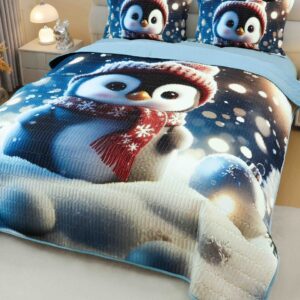 Cuvertură de pat de Crăciun cu imprimeu 3D, 220×240 cm, pinguin cu fular