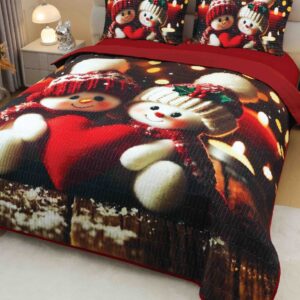 Cuvertură de pat de Crăciun cu imprimeu 3D, 220×240 cm, ursuleți cu căciulă, roșu