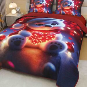 Cuvertură de pat de Crăciun cu imprimeu 3D, 220×240 cm, ursuleț cu inimioară luminoasă