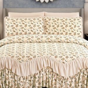 Cuvertură matlasată cu volănașe, 3 piese, 220×270 cm, crem cu flori