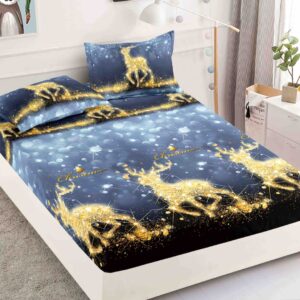 Husă de pat de Crăciun cu elastic 180×200 cm + 2 fețe de pernă, finet, reni aurii pe albastru