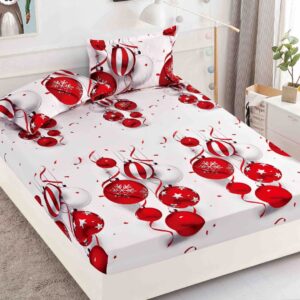 Husă de pat de Crăciun cu elastic 180×200 cm + 2 fețe de pernă, finet, globuri roșii și beteală pe alb