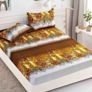 Husă de pat de Crăciun cu elastic 180×200 cm + 2 fețe de pernă, finet, luminițe aurii