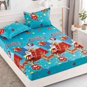 Husă de pat de Crăciun cu elastic 180×200 cm + 2 fețe de pernă, finet, Moș Crăciun cu sania pe turcoaz