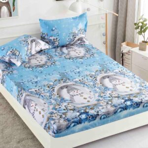 Husă de pat de Crăciun cu elastic 180×200 cm + 2 fețe de pernă, finet, globuri argintii pe bleu