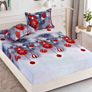 Husă de pat de Crăciun cu elastic 180×200 cm + 2 fețe de pernă, finet, globuri roșii pe gri
