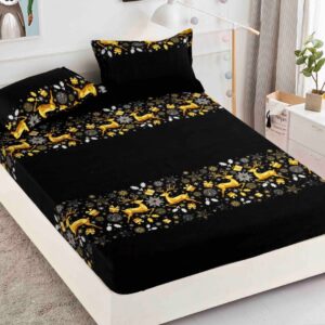 Husă de pat de Crăciun cu elastic 180×200 cm + 2 fețe de pernă, finet, reni aurii pe negru