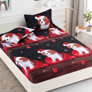 Husă de pat de Crăciun cu elastic 180×200 cm + 2 fețe de pernă, finet, cățeluși pe roșu și negru