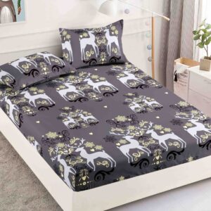 Husă de pat de Crăciun cu elastic 180×200 cm + 2 fețe de pernă, finet, reni și ornamente pe gri