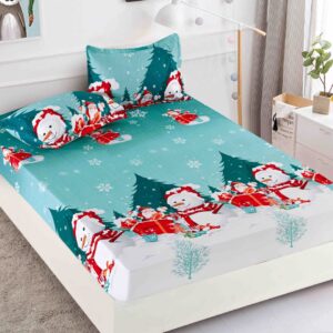 Husă de pat de Crăciun cu elastic 180×200 cm + 2 fețe de pernă, finet, oameni de zăpadă pe verde mentă