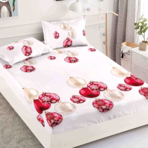 Husă de pat de Crăciun cu elastic 180×200 cm + 2 fețe de pernă, finet, globuri roșii pe alb