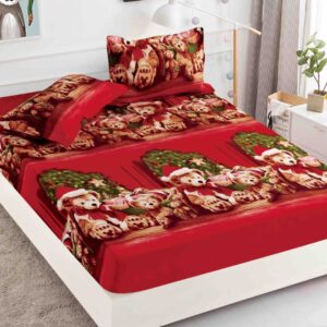 Husă de pat de Crăciun cu elastic 180×200 cm + 2 fețe de pernă, finet, ornamente de Crăciun pe roșu