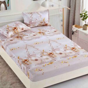 Husă de pat de Crăciun cu elastic 180×200 cm + 2 fețe de pernă, finet, ornamente aurii pe crem