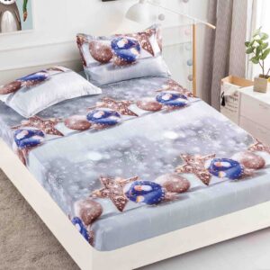 Husă de pat de Crăciun cu elastic 180×200 cm + 2 fețe de pernă, finet, globuri albastre și argintii