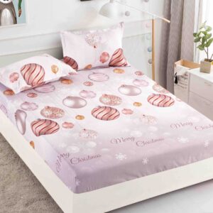 Husă de pat de Crăciun cu elastic 180×200 cm + 2 fețe de pernă, finet, globuri pe roz pal