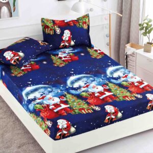 Husă de pat de Crăciun cu elastic 180×200 cm + 2 fețe de pernă, finet, Moș Crăciun pe bleumarin