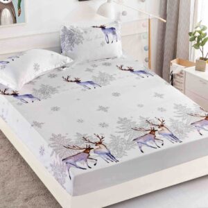 Husă de pat de Crăciun cu elastic 180×200 cm + 2 fețe de pernă, finet, reni pe alb