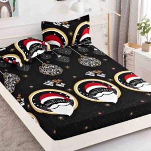 Husă de pat de Crăciun cu elastic 180×200 cm + 2 fețe de pernă, finet, Moș Crăciun în medalion pe negru