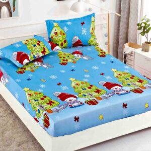 Husă de pat de Crăciun cu elastic 90×200 cm, o persoană, 3 piese, brazi și oameni de zăpadă, bleu