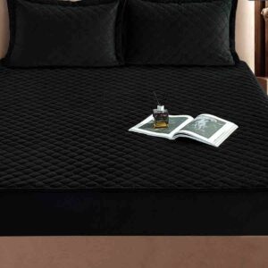 Husă de pat topper din catifea matlasată, cu elastic, 2 fețe de pernă, negru