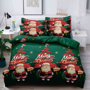 Lenjerie de pat de Crăciun 6 piese, cearșaf clasic, Moș Crăciun și brăduți Merry Christmas, verde