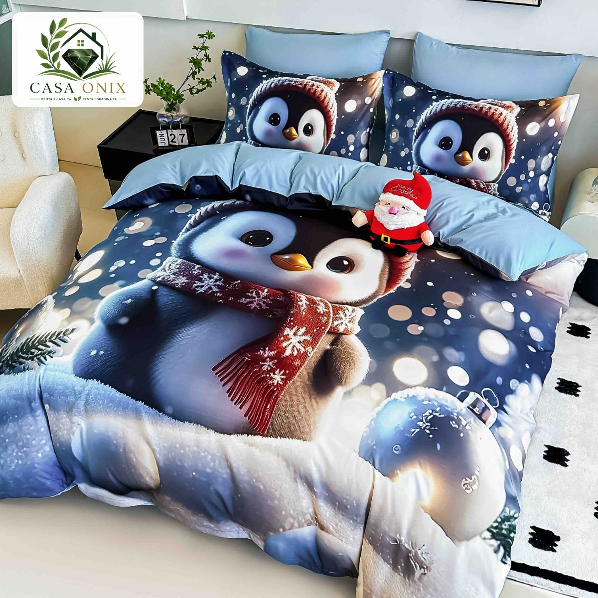 Lenjerie de pat de Crăciun 6 piese cu elastic, imprimeu 3D, pinguin cu fular Lenjerie de pat de Crăciun 6 piese cu elastic, imprimeu 3D, pinguin cu fular