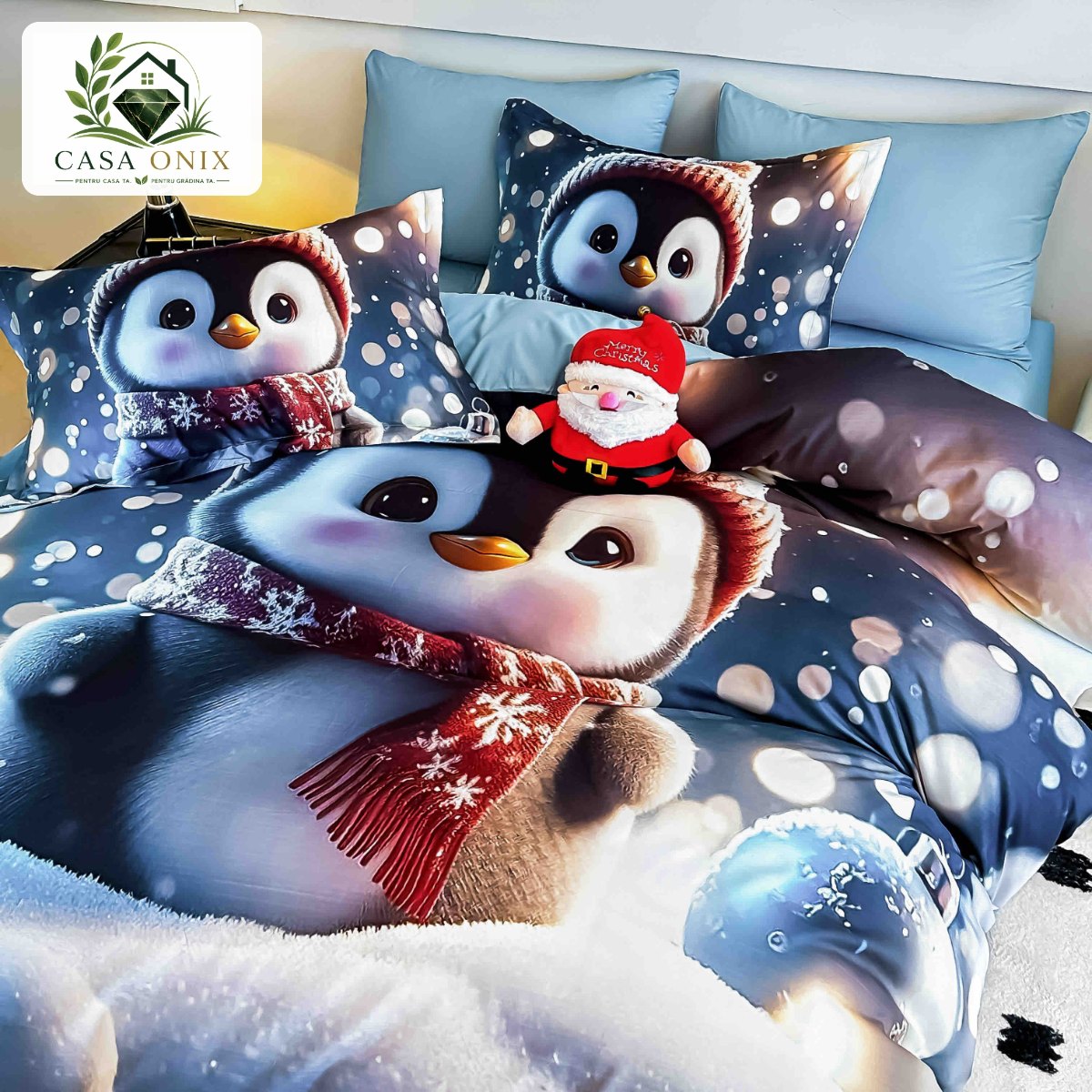 Lenjerie de pat de Crăciun 6 piese cu elastic, imprimeu 3D, pinguin cu fular Lenjerie de pat de Crăciun 6 piese cu elastic, imprimeu 3D, pinguin cu fular