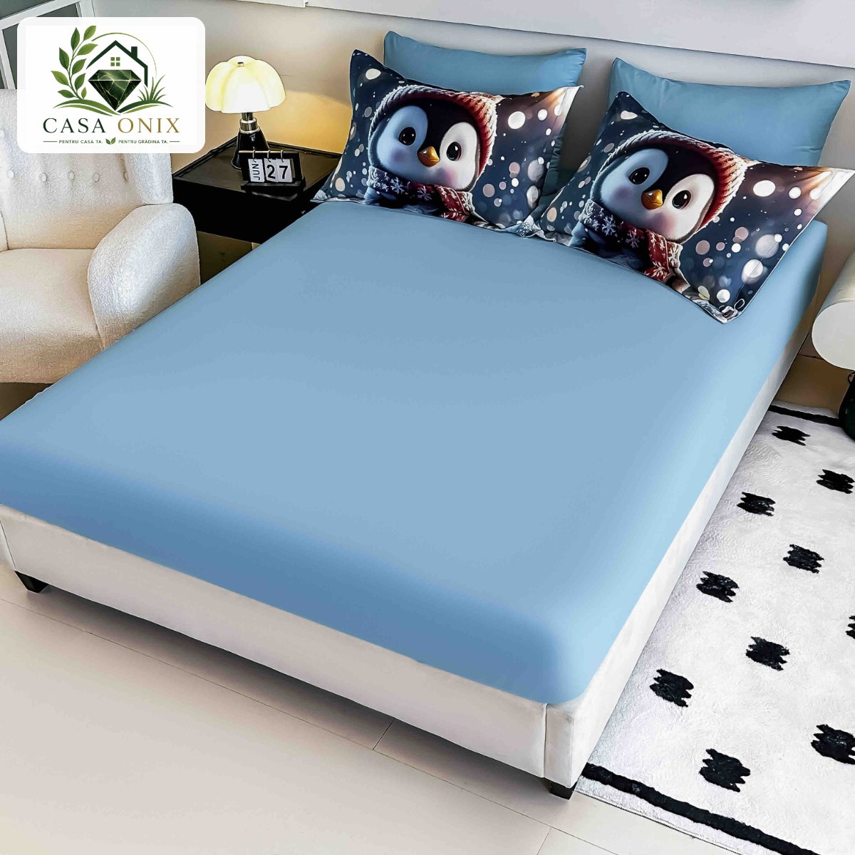 Lenjerie de pat de Crăciun 6 piese cu elastic, imprimeu 3D, pinguin cu fular Lenjerie de pat de Crăciun 6 piese cu elastic, imprimeu 3D, pinguin cu fular