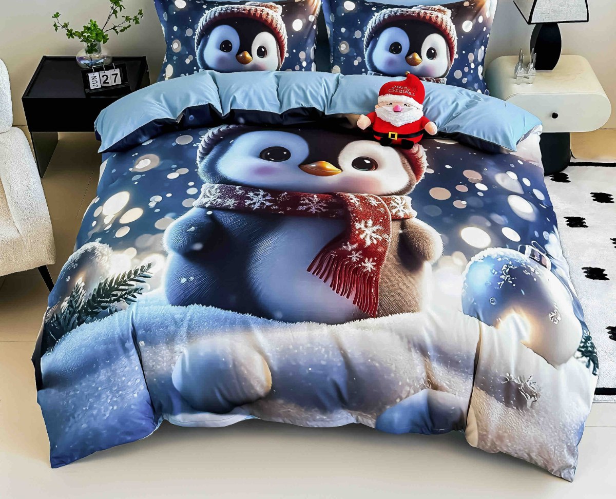 Lenjerie de pat de Crăciun 6 piese cu elastic, imprimeu 3D, pinguin cu fular Lenjerie de pat de Crăciun 6 piese cu elastic, imprimeu 3D, pinguin cu fular