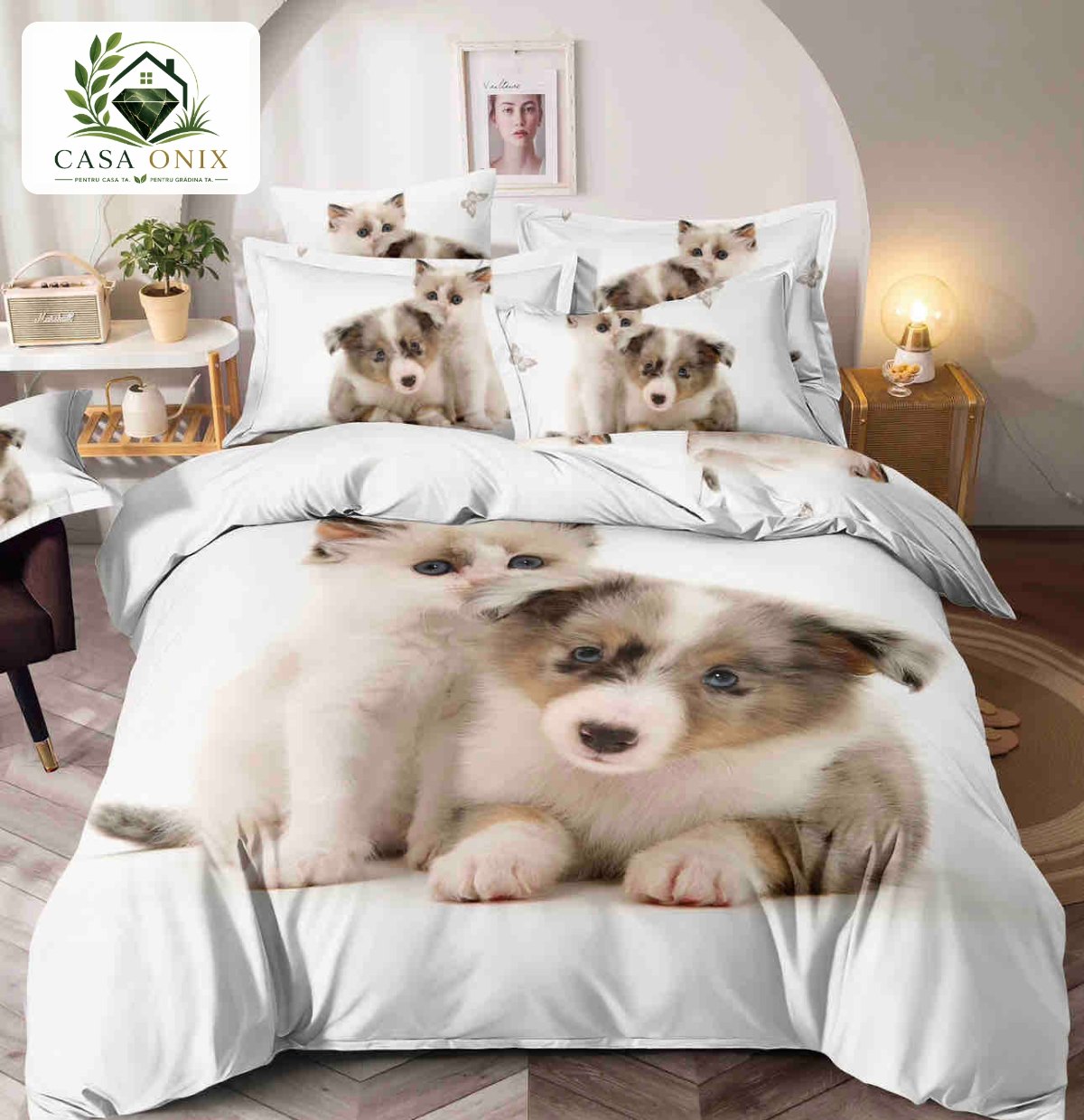 Lenjerie de pat o persoană cu elastic 140×200 cm, imprimeu 3D, cățeluș alb Lenjerie de pat o persoană cu elastic 140×200 cm, imprimeu 3D, cățeluș alb