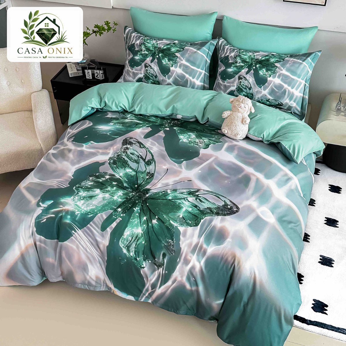 Lenjerie de pat o persoană cu elastic 140×200 cm, imprimeu 3D, fluture verde smarald Lenjerie de pat o persoană cu elastic 140×200 cm, imprimeu 3D, fluture verde smarald