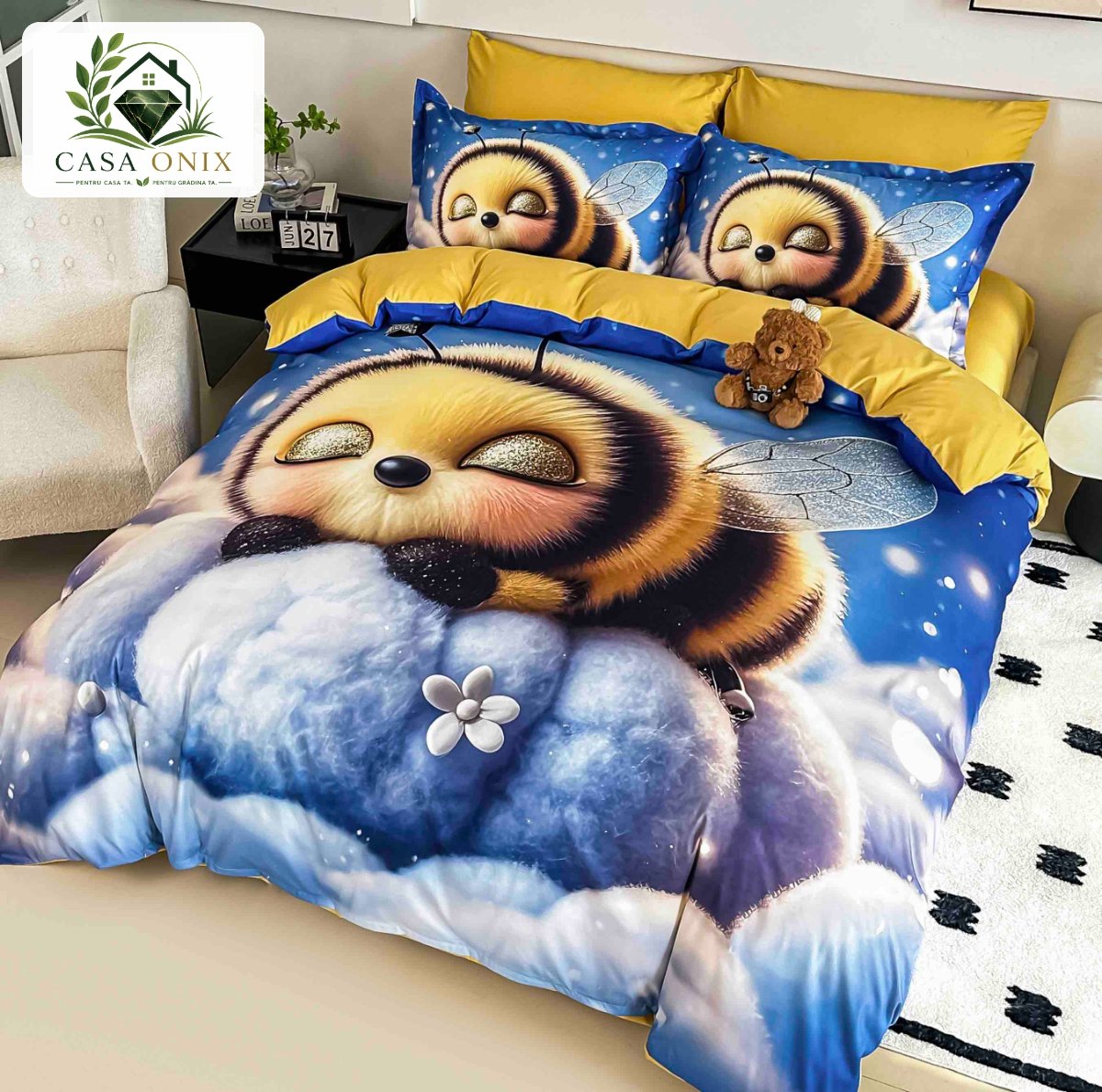 Lenjerie de pat o persoană cu elastic 140×200 cm, imprimeu 3D, albinuță Lenjerie de pat o persoană cu elastic 140×200 cm, imprimeu 3D, albinuță