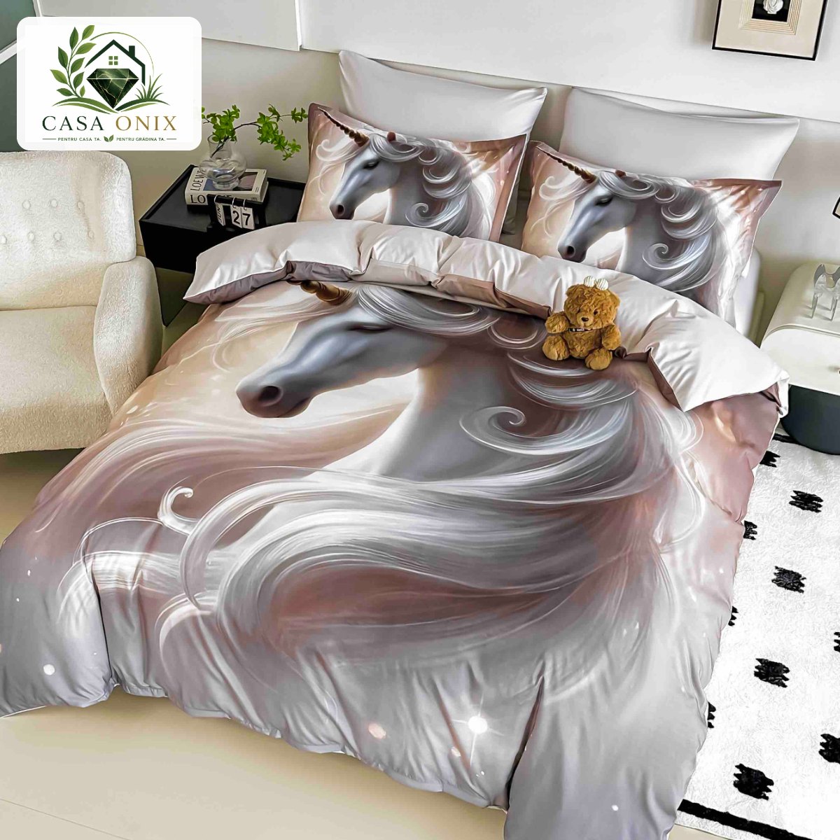 Lenjerie de pat o persoană cu elastic 140×200 cm, imprimeu 3D, cal alb Lenjerie de pat o persoană cu elastic 140×200 cm, imprimeu 3D, cal alb