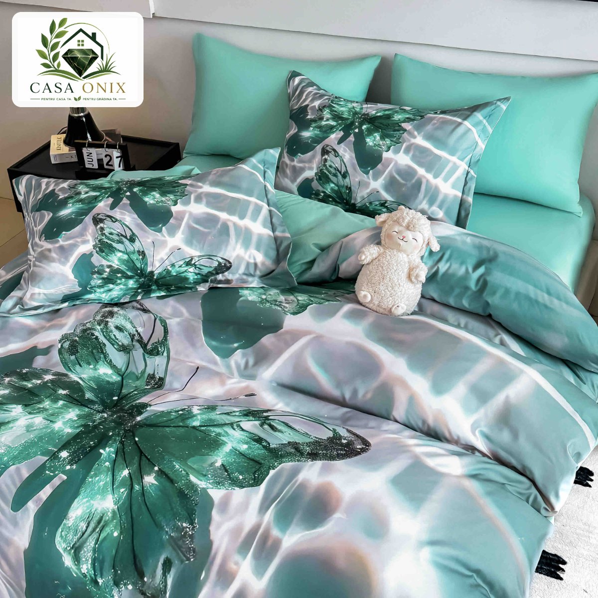 Lenjerie de pat o persoană cu elastic 140×200 cm, imprimeu 3D, fluture verde smarald Lenjerie de pat o persoană cu elastic 140×200 cm, imprimeu 3D, fluture verde smarald